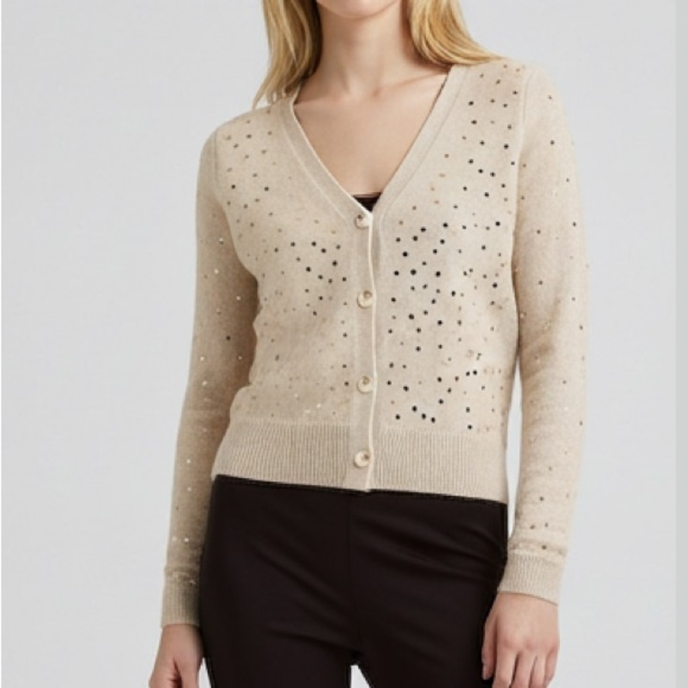 LOFT Gold Star Sequined Cardigan sweater neutral beige stars Medium EUC sequin